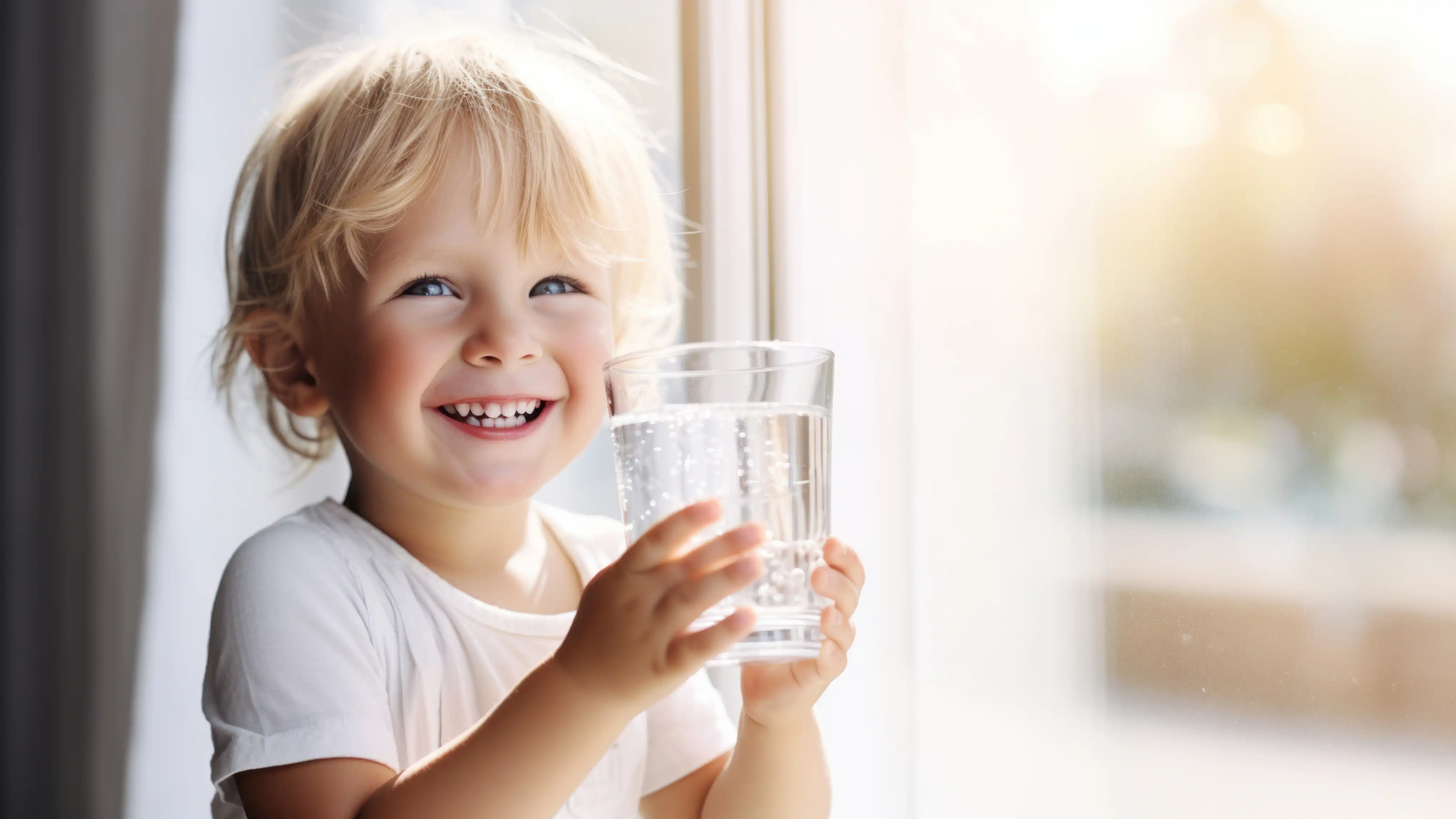 Happy toddler safely drinking pure filtered water