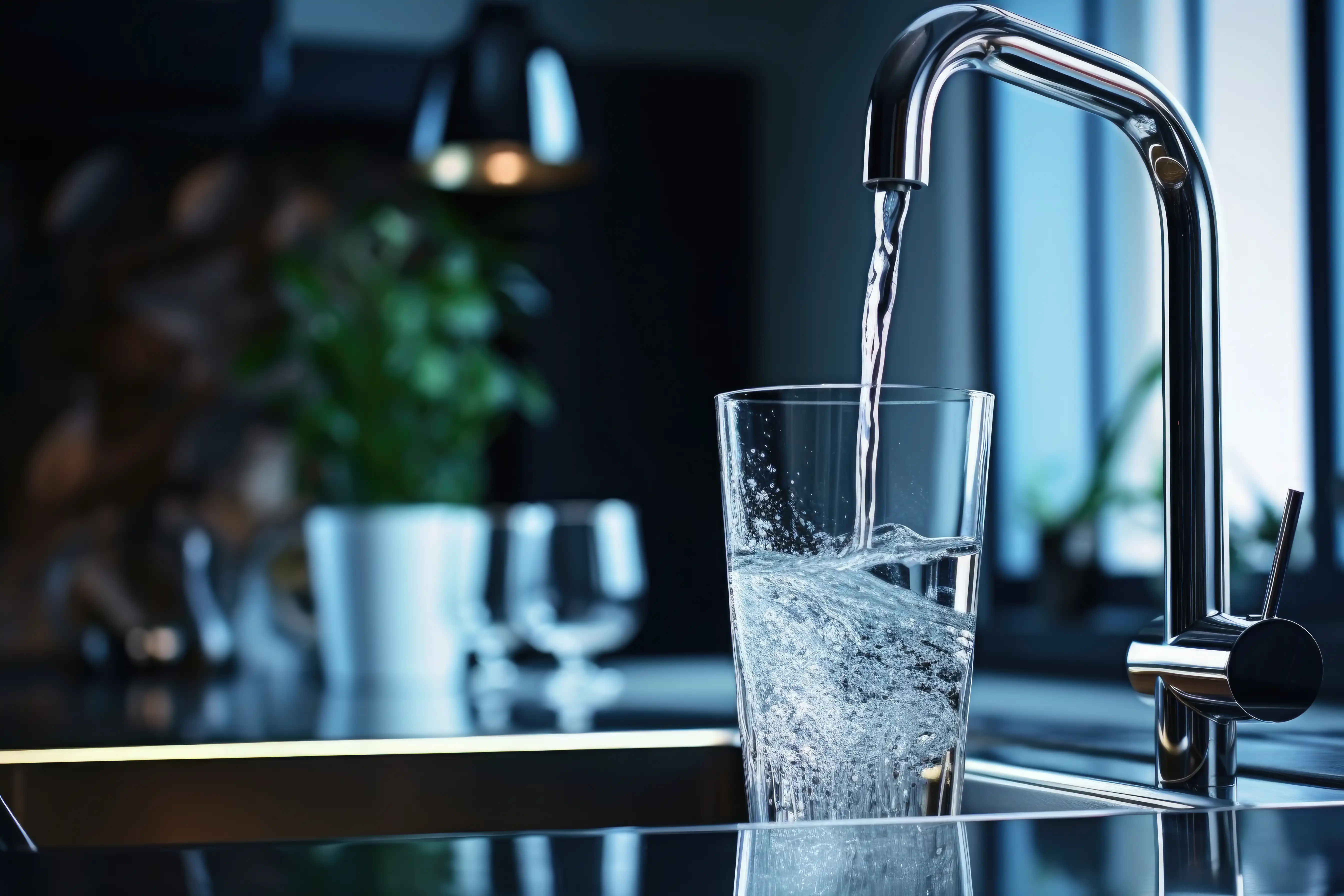 Crystal clear purified water flowing into a modern kitchen sink